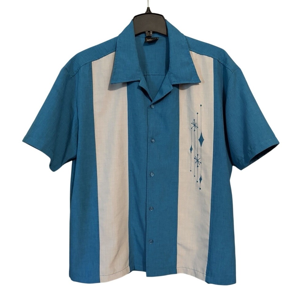Steady Retro Atomic Starburst & Diamond Embroidered Bowling Shirt Men's M Teal